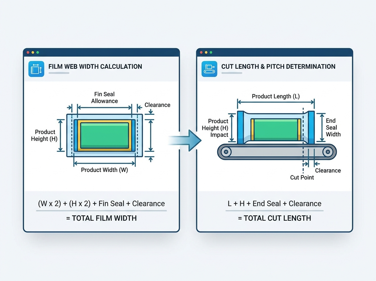 Diagrama t&eacute;cnico ilustrando os c&aacute;lculos do comprimento de corte da m&aacute;quina de embalagem flow e da largura da folha do filme